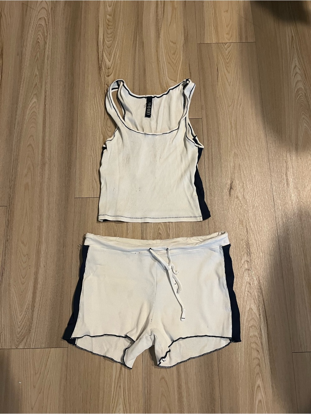 SKIMS Cream Ribbed Tank & Short Sleep Set with Navy Trim